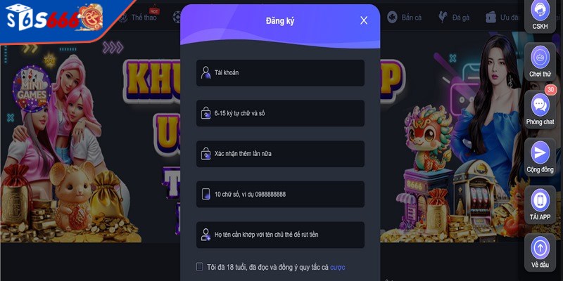 Điền thông tin cần thiết vào ô tạo tài khoản tại nhà cái S66
